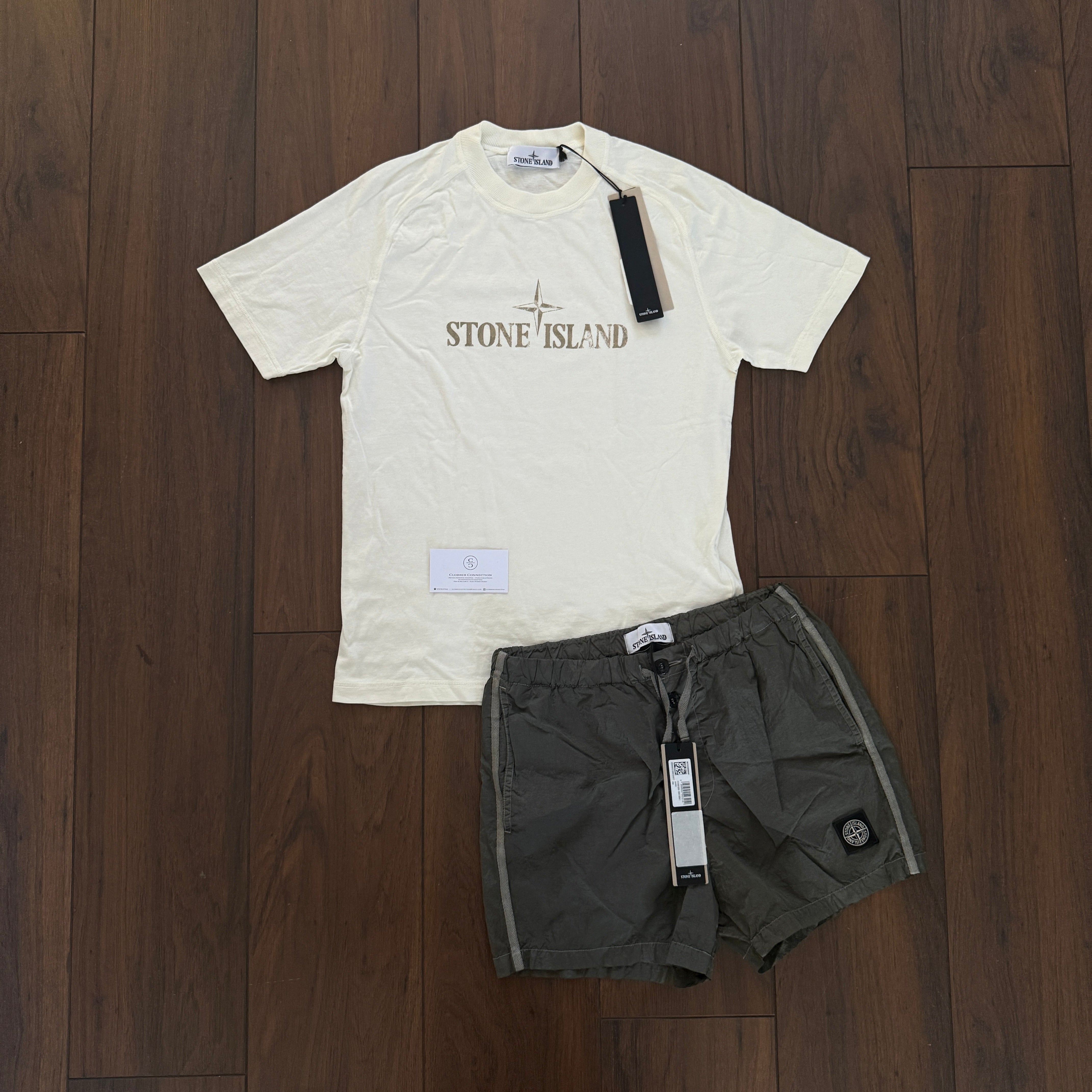 Stone Island Logo Short Set - Ivory/Green