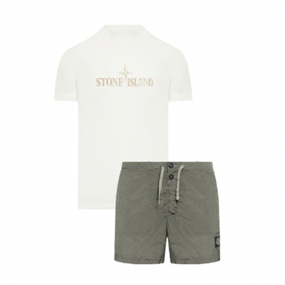 Stone Island Ivory/Green Logo Short Set
