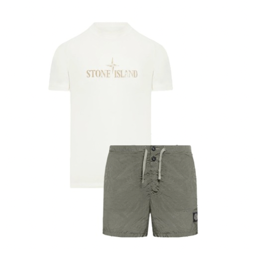 Stone Island Ivory/Green Logo Short Set